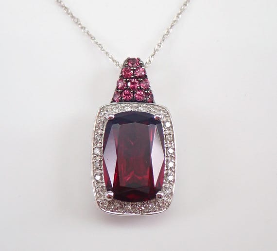 Garnet and Tourmaline Necklace - 14K White Gold Cushion Cut Gemstone Pendant - Diamond Halo Setting - January Birthstone Gift