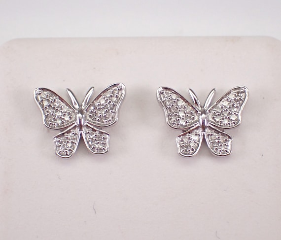 Diamond Butterfly Stud Earrings - White Gold Butter Fly Wings Studs - Birthday Graduation Gift for Daughter