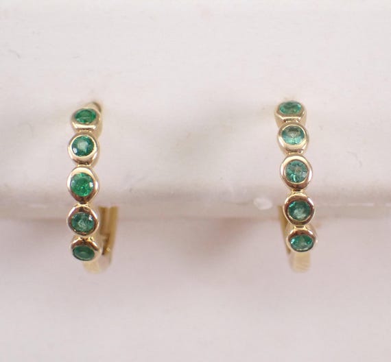 Yellow Gold Emerald Hoop Earrings - Small Dainty Gemstone Huggies