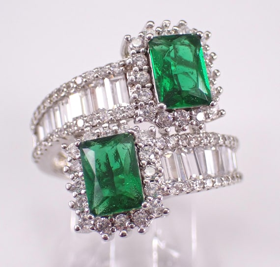 Vintage Sterling Silver Chunky Bypass Ring - Unique Gemstone and Baguette Cubic Zirconia Bypass Band