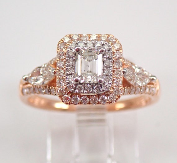 14K Rose Gold Diamond Engagement Ring - Emerald Cut Double Halo Setting - GalaxyGems Bridal Fine Jewelry