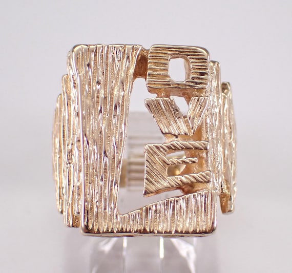 Vintage 14K Yellow Gold LOVE Ring - Unique Mens Cluster Wedding Band - Chunky Nugget Bamboo Estate Jewelry Gift