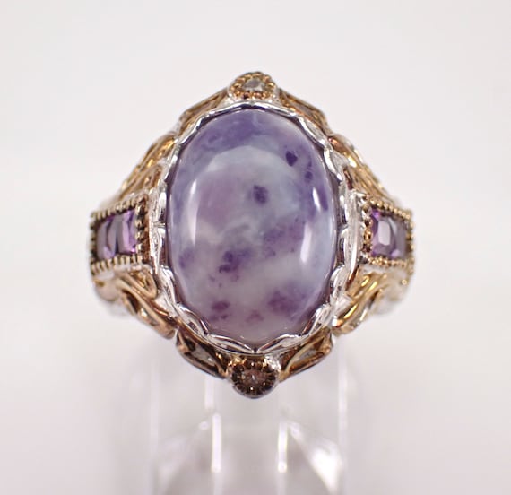 Sterling Silver Lepidolite and Amethyst Ring - Vintage Two Tone Unique Gemstone Jewelry Gift