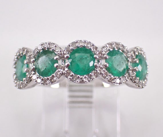 White Gold Emerald and Diamond Wedding Ring: Stackable Halo Gemstone Anniversary Band