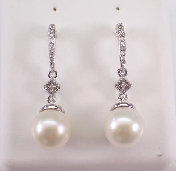 Pearl and Diamond Dangle Earrings - White Gold Wedding Anniversary Gift - June Birthstone Gemstone Jewelry
