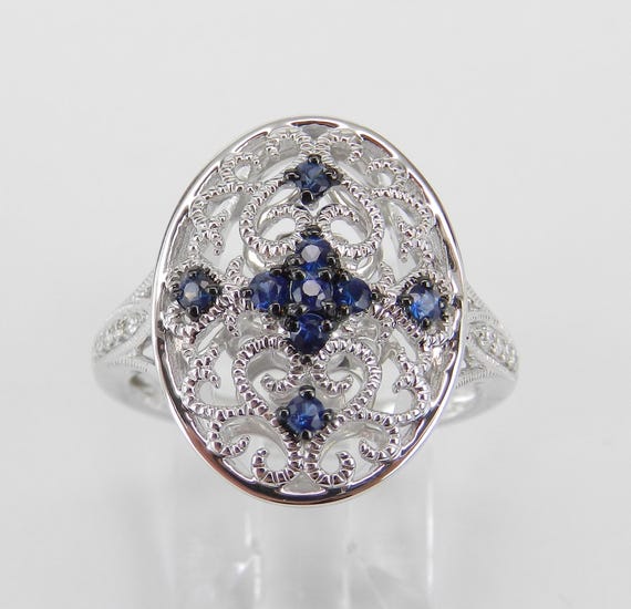 Vintage Style Sapphire Cluster Ring - White Gold Diamond Right Hand Band - GalaxyGems Fine Jewelry Gift