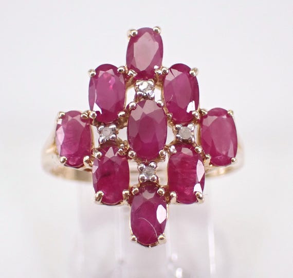 Vintage Yellow Gold Ruby and Diamond Ring, Estate Gemstone Cluster Band, Unique Bridal Fine Jewelry Gift