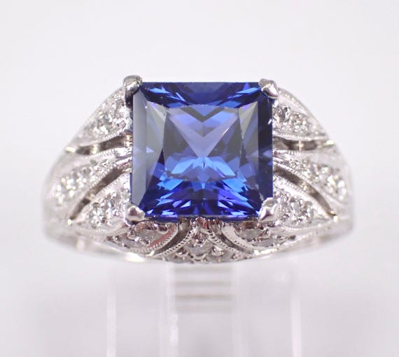 Platinum Sapphire and Diamond Engagement Ring: Vintage Engraved Square Gemstone Band