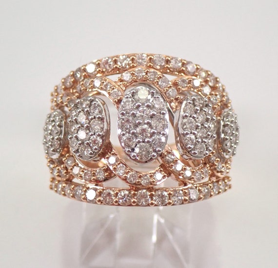 2ct Diamond Anniversary Ring - Large Rose Gold Wedding Jewelry - Wide Cluster Cigar Band