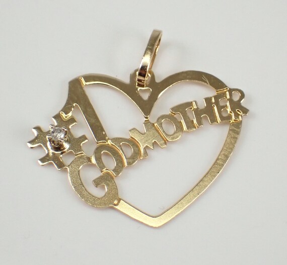 Vintage 14K Yellow Gold #1 Godmother Heart Charm - Dainty Diamond Pendant for Necklace or Bracelet