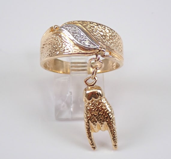 Vintage 14K Yellow Gold Diamond Wedding Ring, Mano Cornuto Italian Good Luck Charm Band, Rock On Devil Horns Symbol Hand Gesture