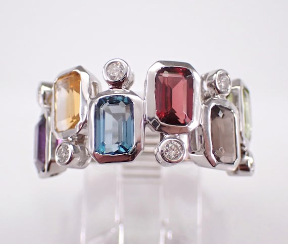 Multi Color Gemstone and Diamond Ring - White Gold Emerald Cut Anniversary Band - Garnet Citrine Peridot Blue Topaz Amethyst