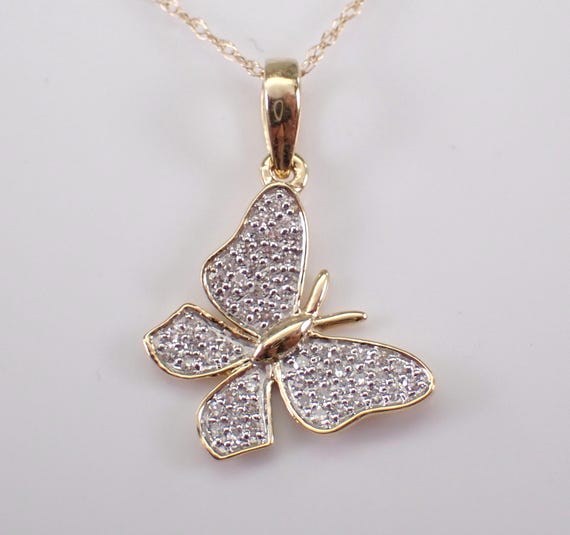 Yellow Gold Diamond Butterfly Necklace - Dainty Cluster Charm Pendant Chain - Simple Floating Fine Jewelry Gift