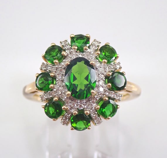 Chrome Diopside and Diamond Ring, Yellow Gold Gemstone Cluster Band, Forest Green Color Fine Jewelry Gift