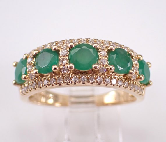 14K Yellow Gold Emerald Wedding Ring - Stackable Diamond Anniversary Band - Multi Row Gemstone Fine Jewelry Gift