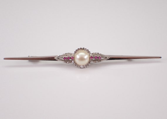 Antique 18K White Gold Pearl and Ruby Brooch - Vintage Gemstone Stick Pin - Unique Fine Jewelry Gift