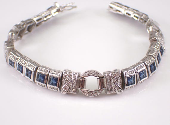 Vintage Sterling Silver Art Deco Inspired Tennis Bracelet - Estate Cubic Zirconia and Sapphire Gemstone Link