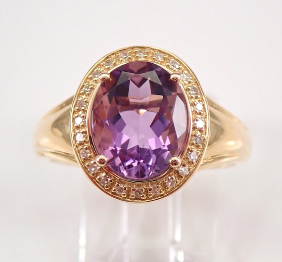 Amethyst and Diamond Halo Ring - 14k Yellow Gold Gemstone Jewelry - Alternative Bridal - February Birthstone Gift