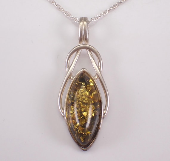 Vintage Sterling Silver Amber Necklace: Celtic Charm Pendant and Chain