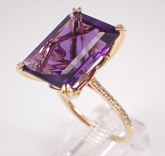 Emerald Cut Amethyst Engagement Ring - Yellow Gold Gemstone Diamond Setting - February Birthstone Fine Jewelry Gift