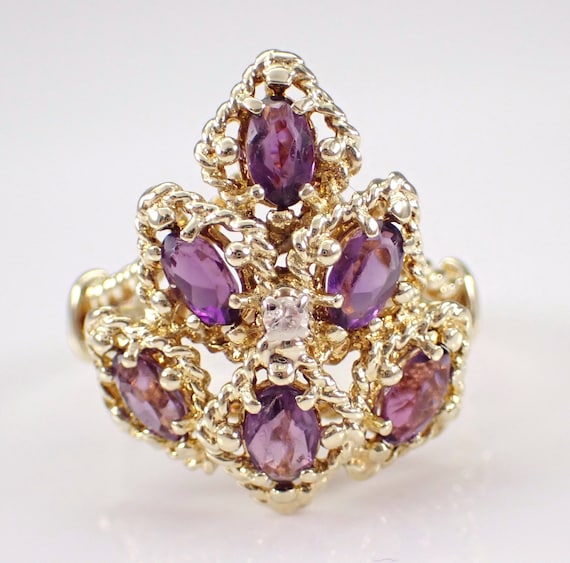 Vintage 14K Yellow Gold Amethyst Ring, Diamond and Gemstone Cluster Design, Estate Fine Jewelry Gift