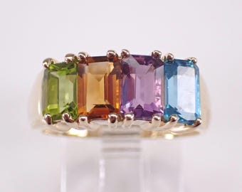 Vintage 14K Yellow Gold Multi Color Gemstone Ring: Estate Amethyst Citrine Peridot Topaz Band