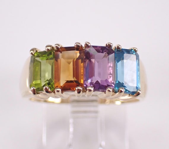 Vintage 14K Yellow Gold Multi Color Gemstone Ring: Estate Amethyst Citrine Peridot Topaz Band