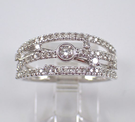 Diamond Crossover Wedding Ring - 14K White Gold Multi Row Anniversary Band - Unique Wide Cocktail Right Hand Jewelry Gift