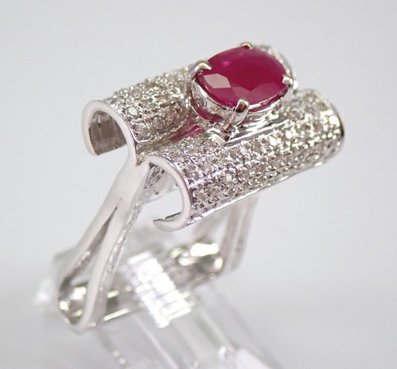 Unique Ruby Ring 14K White Gold Diamond Cluster Right Hand Ring Size 6 July Birthstone Jewelry FREE Sizing