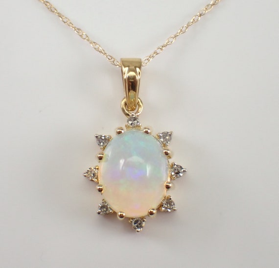 Opal and Diamond Pendant Necklace - Solid Yellow Gold Choker with 18 inch Chain - October Birthstone Jewelry Gift for Women