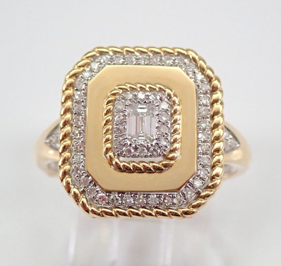 14K Yellow Gold Diamond Right Hand Ring Emerald Cut Halo Anniversary Gift for Women Size 7.25