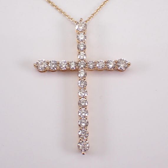 Large Diamond Cross Pendant and Chain - 14K Yellow Gold Big Charm Necklace - Unique Religious Fine Jewelry Gift
