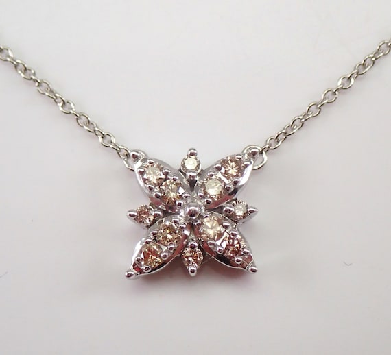 Diamond Snowflake Necklace, Solid White Gold Diamond Cluster Pendant, Layering Station Necklace and Chain