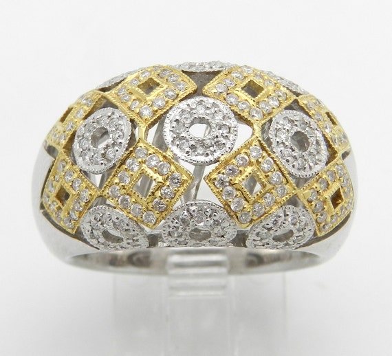 14K Two Tone Gold Diamond Ring - Domed Geometric Anniversary Band - Circle and Square Unique Jewelry Design