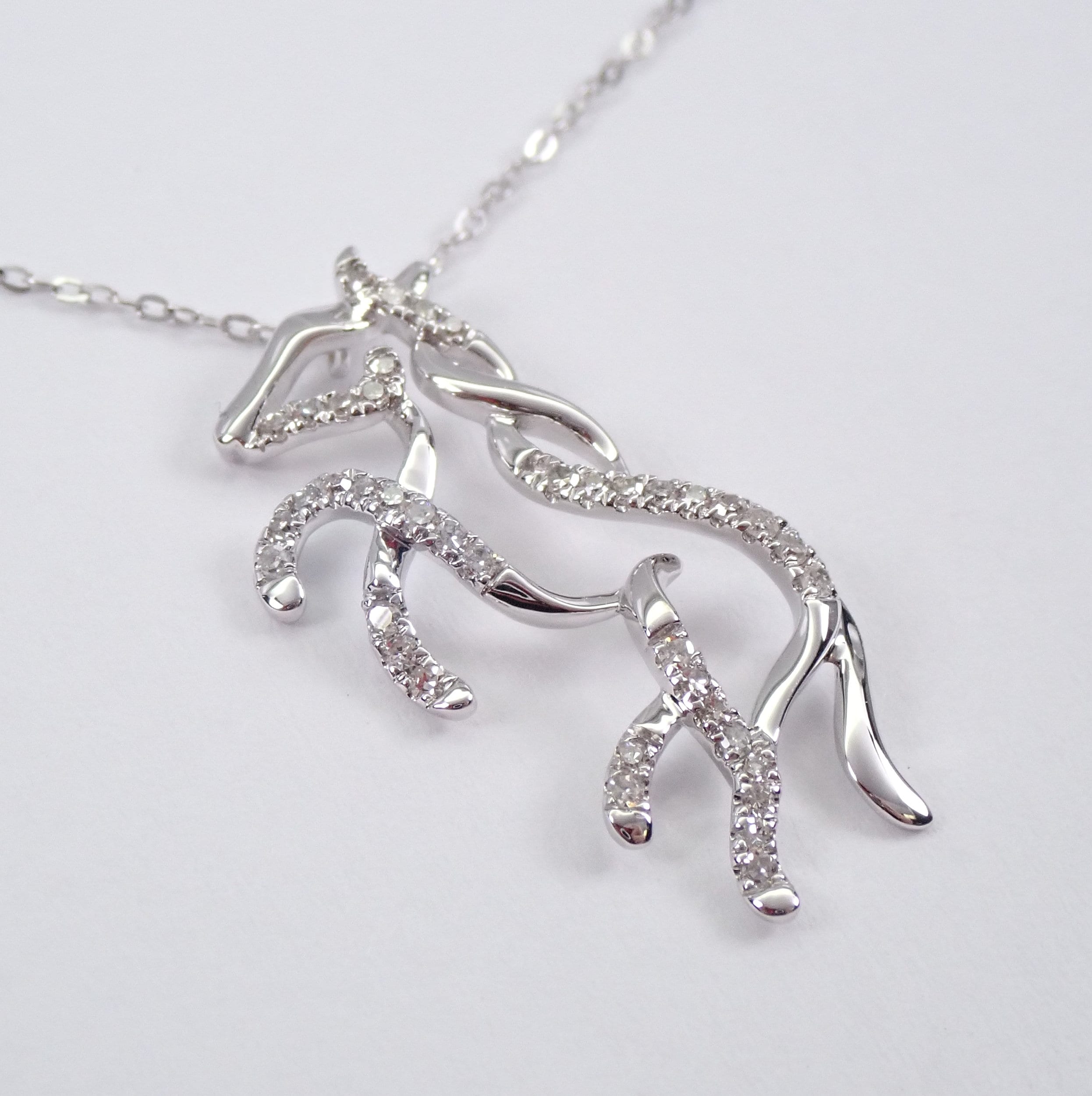 White Gold Diamond HORSE Pendant Necklace Chain 18 Equestrian Animal