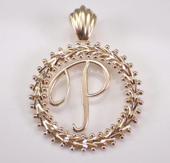 Vintage 14K Yellow Gold P Initial Circle Charm, Large Estate Pendant for Bracelet or Necklace, Unique Mesh Link Frame