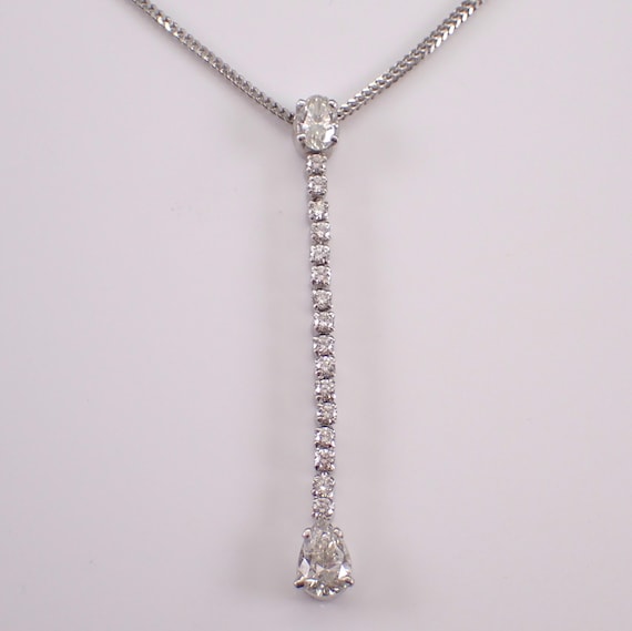 18K White Gold Diamond Lariat Necklace - Teardrop Dangle Charm Pendant and Chain -  Vintage Antique Jewelry Gift
