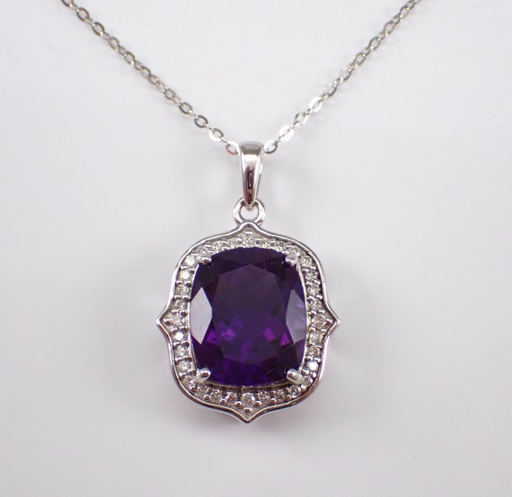 14K White Gold Amethyst Pendant and Chain - Diamond Halo Charm Necklace - February Birthstone Jewelry Gift