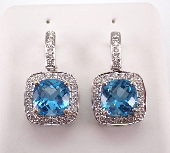 18K White Gold Blue Topaz and Diamond Earrings - Square Cushion Cut Halo Dangle Drops - Unique Gemstone Fine Jewelry Gift