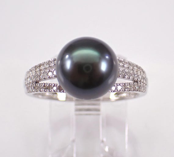 Black Tahitian Pearl and Diamond Ring - 14K White Gold Bridal Engagement Band - June Gemstone Fine Jewelry Gift