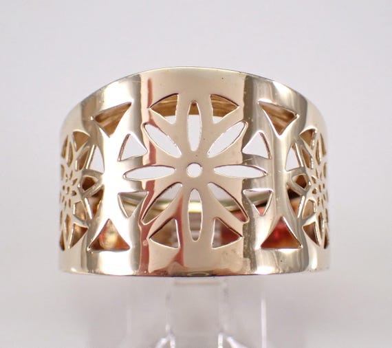 Vintage 14K Yellow Gold Flower Ring, Large Estate Right Hand Cigar Band, Unique Wedding Anniversary Jewelry Gift