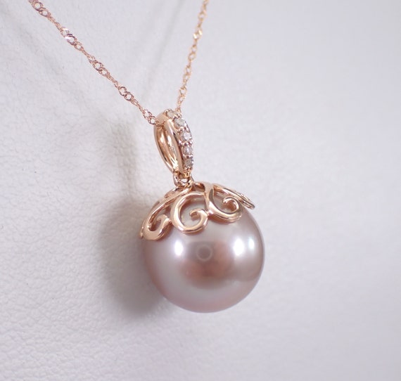 14K Rose Gold Pink Pearl Pendant and Chain - Unique Diamond Choker Necklace - Large Colored South Sea Jewelry Gift