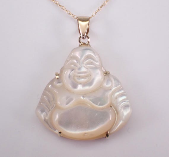 14K Yellow Gold Buddha Pendant and Chain -  Unique Asian Carved Mother of Pearl Charm Necklace - Birthday Jewelry Gift