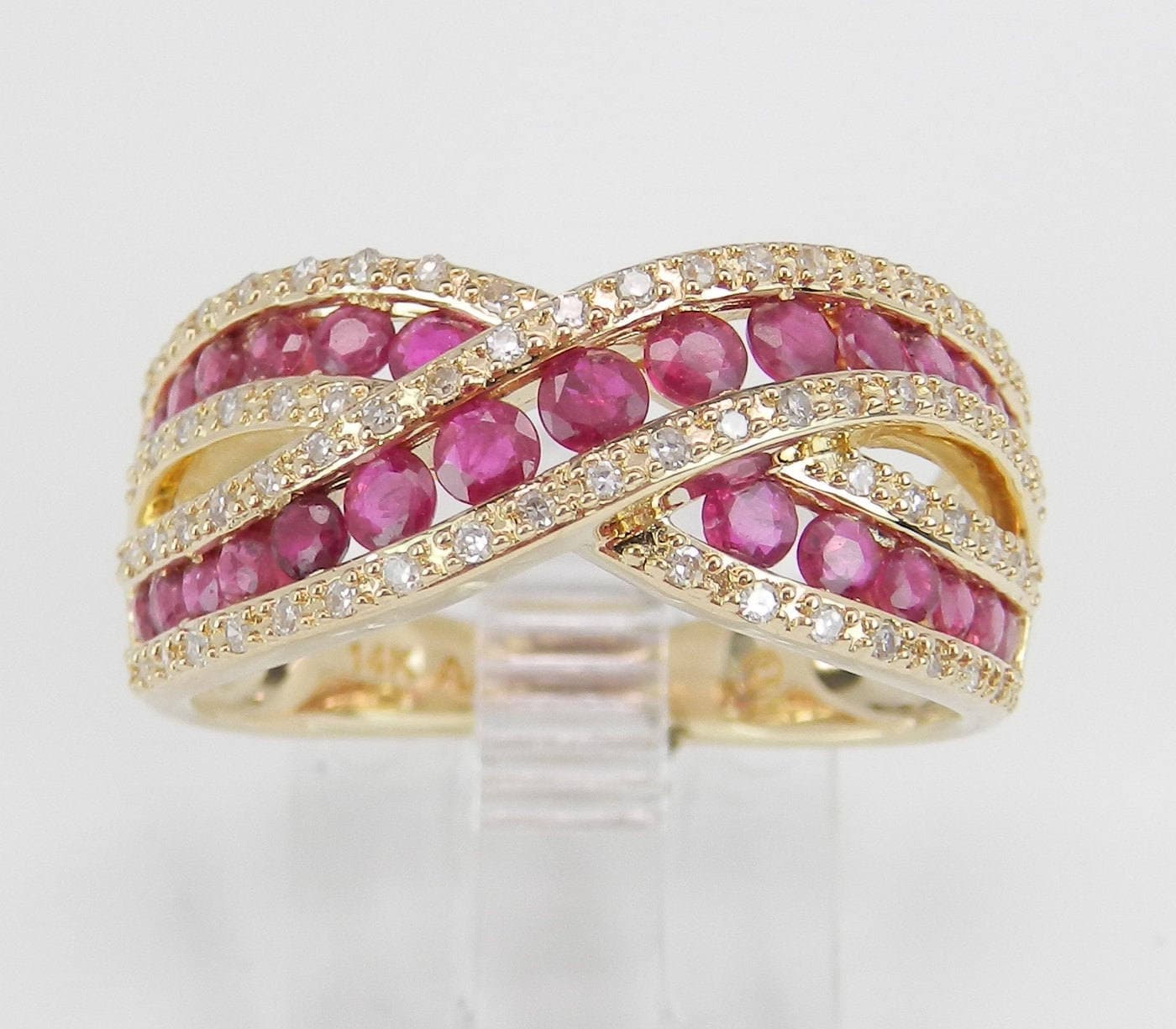 Ruby and Diamond Wedding Band Bypass Anniversary Ring 14K Yellow Gold ...
