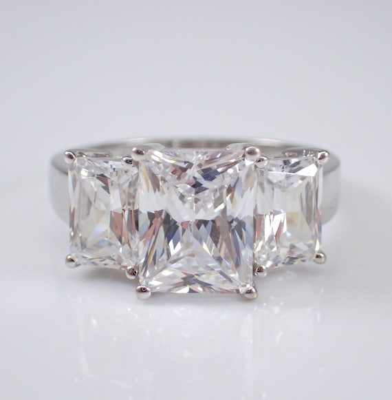 Vintage 14K White Gold Radiant Cut Cubic Zirconia Three Stone Engagement Ring