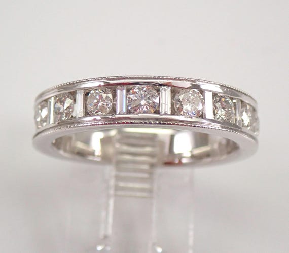 Mens 14K White Gold Diamond Wedding Ring - Baguette and Round Anniversary Band - Bridal Fine Jewelry Groom Gift