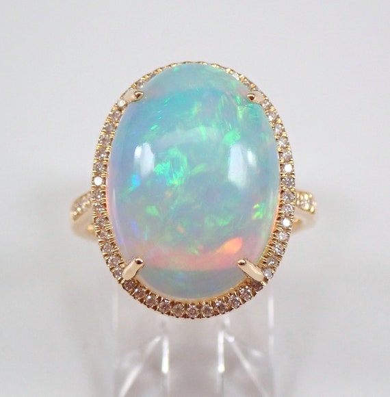 14K Yellow Gold Opal Engagement Ring, Large Diamond Halo Setting, October Birthstone Fine Jewelry Gift