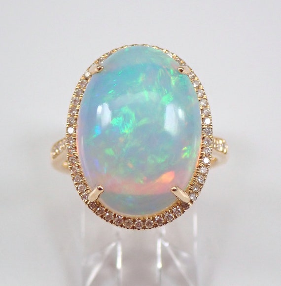 Genuine Opal Engagement Ring, Natural Diamond Halo Setting, Solid 14k Yellow Gold Fine Jewelry, October Birthstone Gift