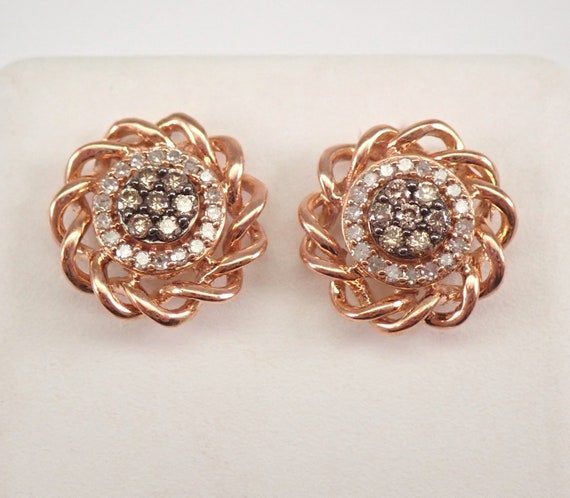 Genuine Diamond Halo Cluster Earrings - Spiral Twist Solid Rose Gold Studs - Chocolate Brown Colored Diamond Jewelry