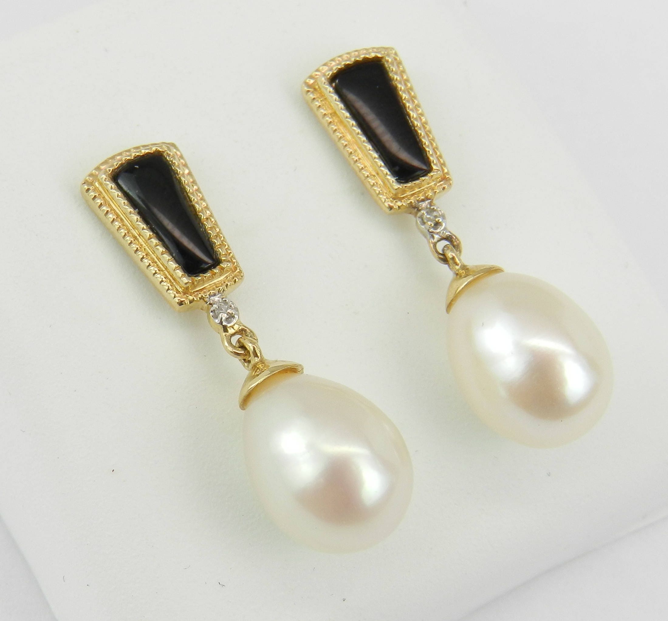 SALE Pearl Black Onyx Diamond Dangle Drop Earrings 14K Yellow Gold June ...